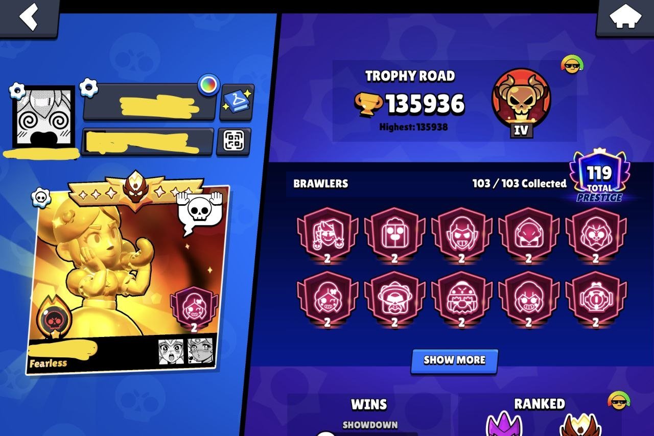 ✅💎ACCOUNT 136k+🏆103 FIGHTERS💎98 HYPERS💎470 SKINS💎101 TITLE💎119 PRIMES💎, trophies 136000, brawlers 103, primes 119