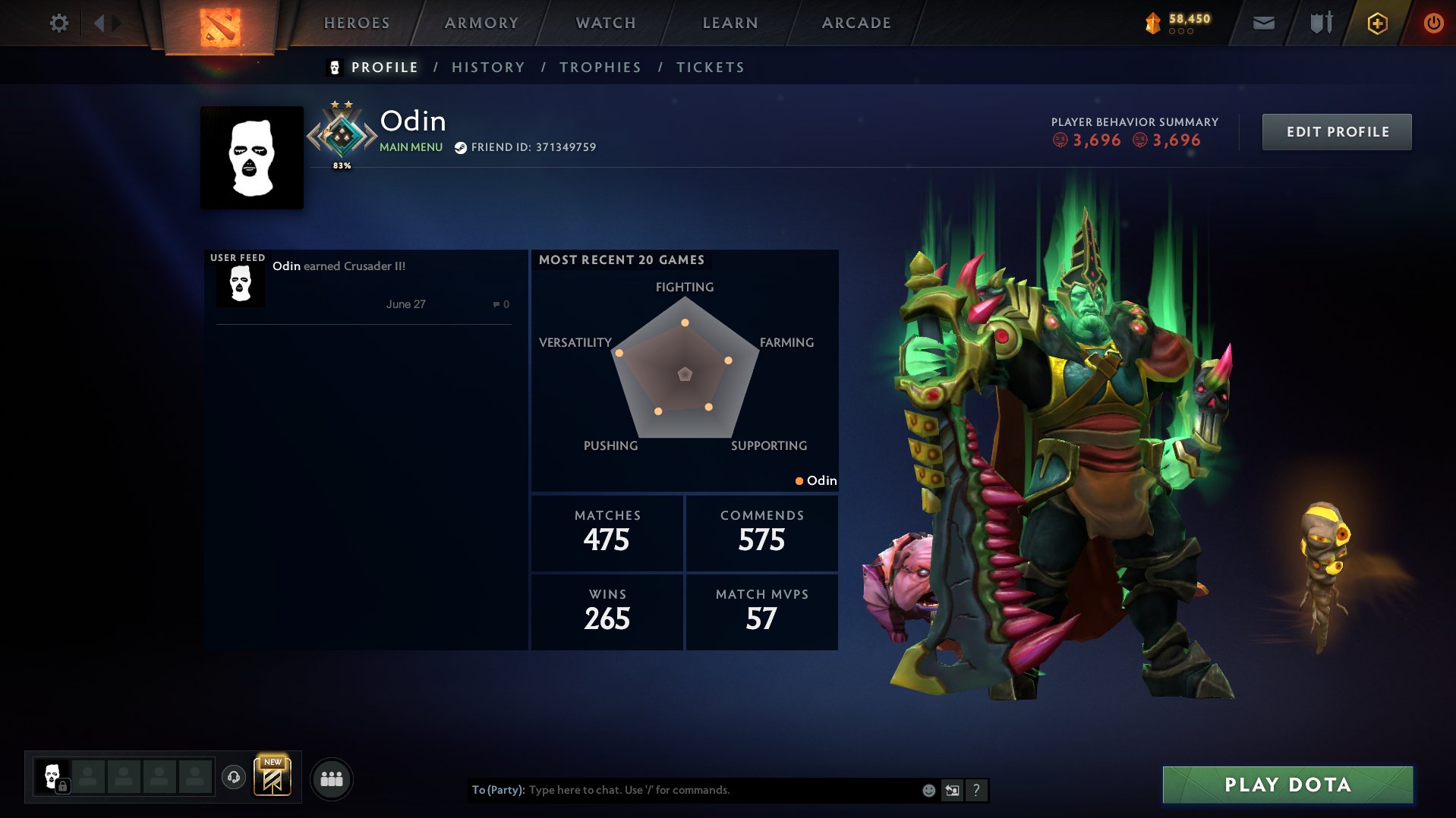 ⚫️【1822 MMR】⚪️【90% Confidence】⚫️【3696 DECENCY】⚪️【475 MATCH】【Auto-Checkout】⚫️, Sale, 1822 MMR, 3696 Behavior score, 3696 вежливости, 475 games, 448 hours