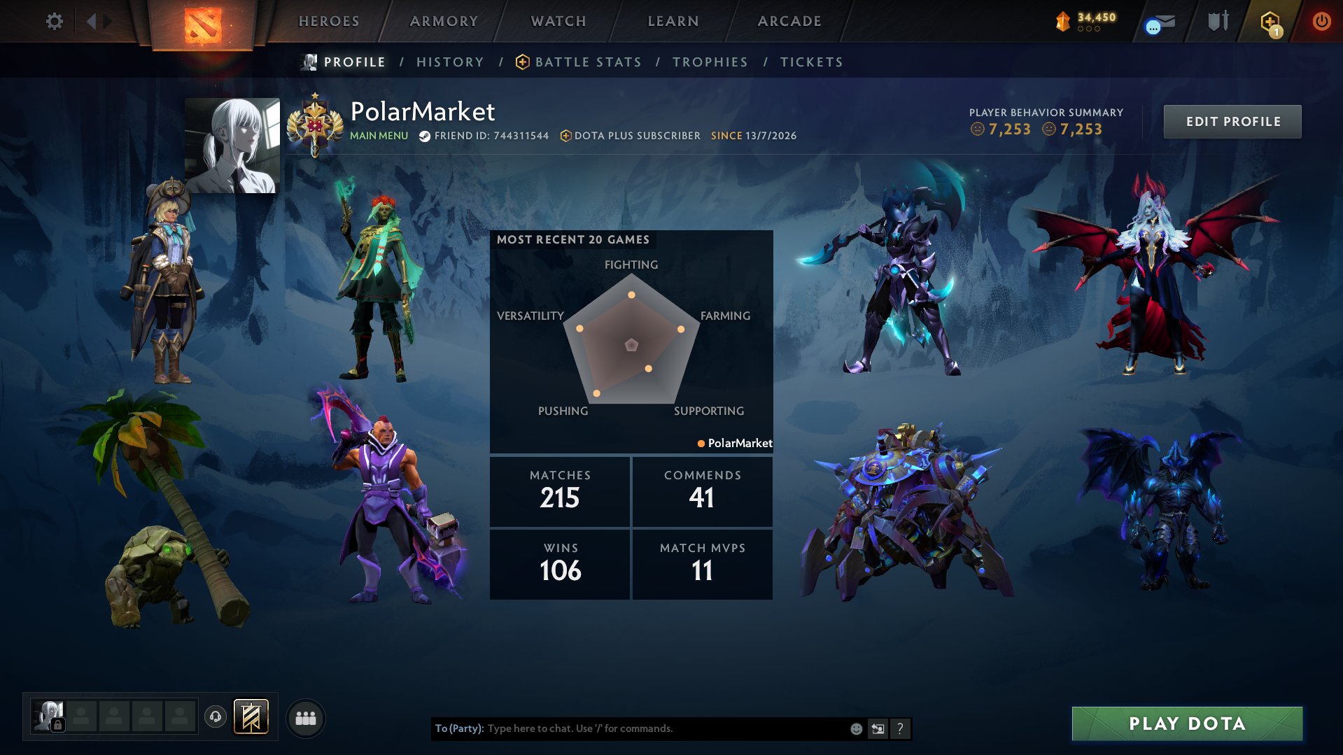 🔹 LEGEND 1 ✦ PA PERSONA ✦ 100+ SKINS ✦ MYTHICAL SETS ✦ DOTA+ ✦ GAMES ON ACCOUNT ✦ 🔹, Sale, 3080 MMR, 7253 Behavior score, 7253 вежливости, 215 games, 225 hours