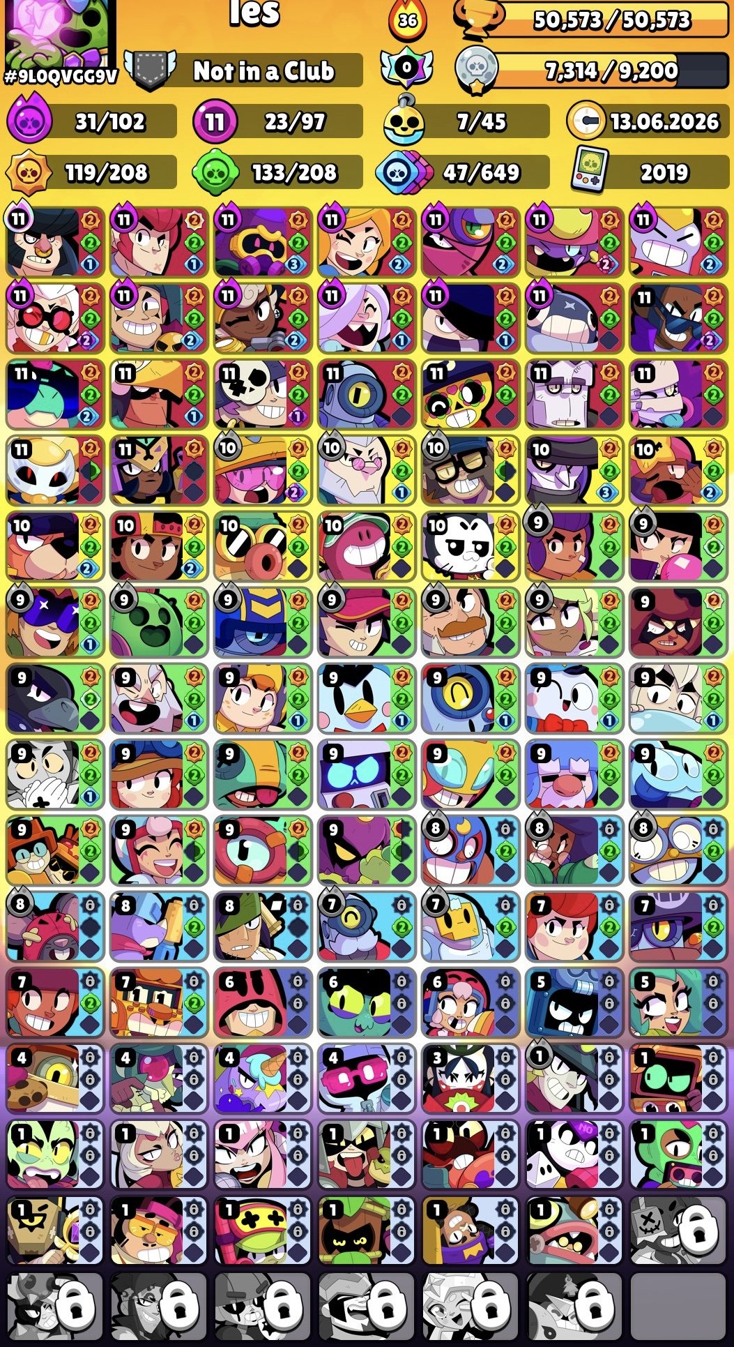 🚀🎯AUTO-ISSUE🔴50500🏆97/103🔑+ CLASH ROYAL 7000🏆9 MYTHIC SKINS🌈KING LU🔑MOON GLORY✨2019🔴, trophies 50500, brawlers 97, primes 18