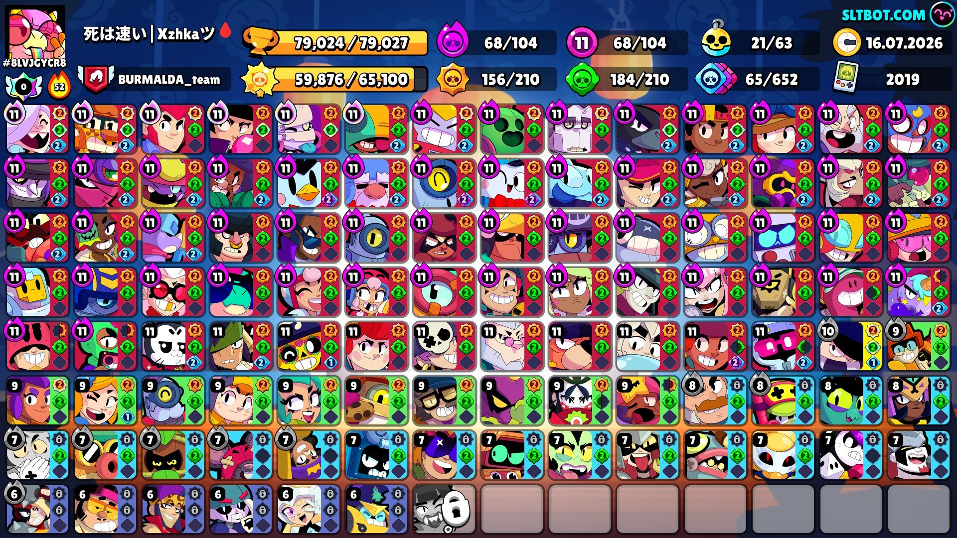 Master🏆 2019💞68-11 forces👌 104/104🥷, trophies 80000, brawlers 104, primes 36
