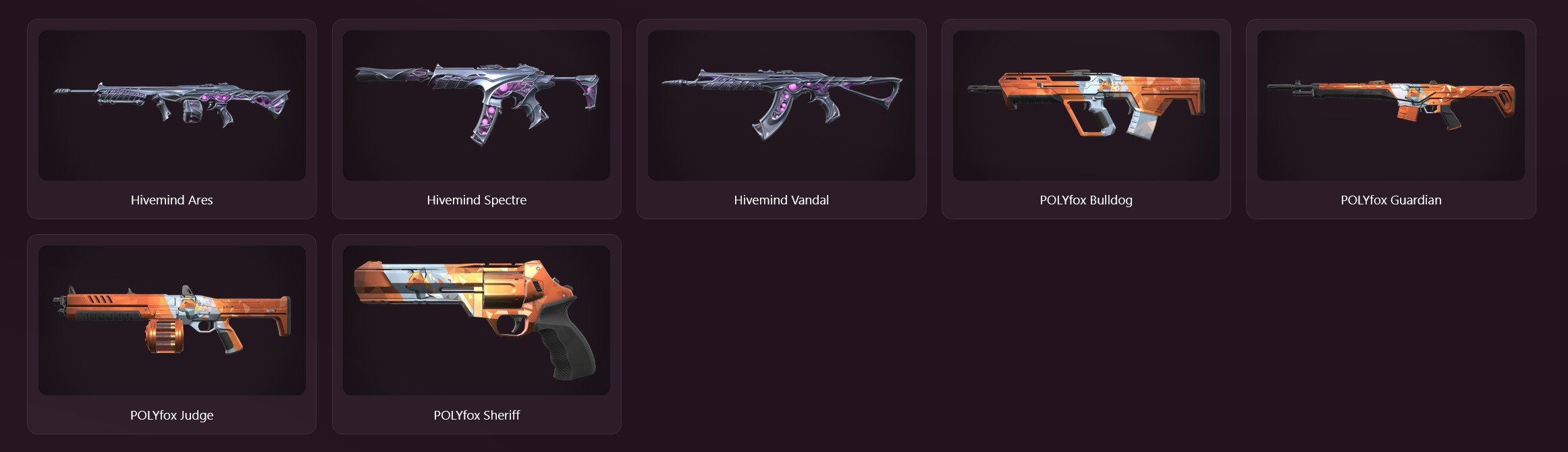Hivemind Ares + Spectre + Vandal / POLYfox Bulldog + Guardian + Judge + Sheriff, Sale, Ranked unlocked, Agents: 16, Skins: 7