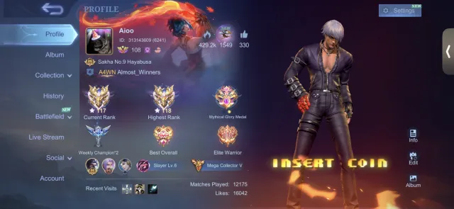 🧡FOREST🧡Legend Alucard,Kof Chou, Goose, Exorcist Hayabusa, Beast Ling, Naruto SU E🧡(2) Collector,(8)Lucky🧡, Sale, Rank: Mythical Immortal, Level: 108, Win rate: 54%, Heroes: 126, Skins: 473
