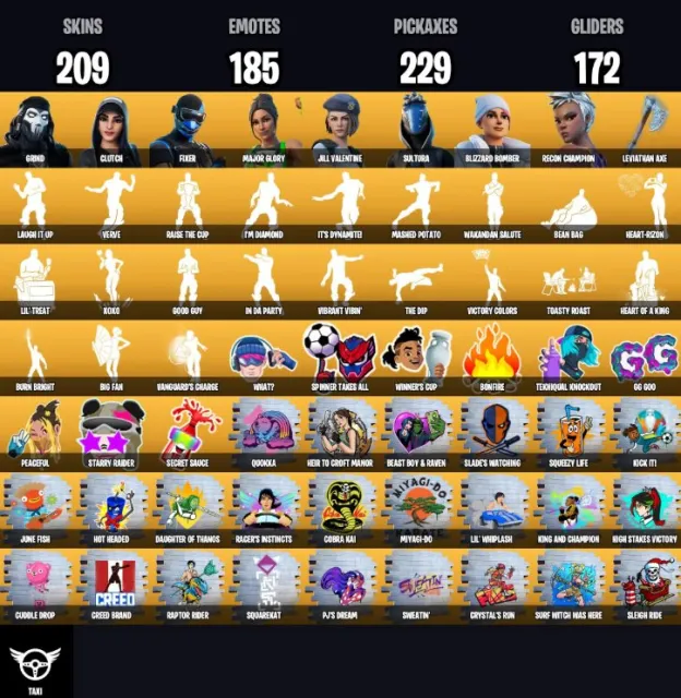 GRIND, CLUTCH, FIXER, MAJOR GLORY, JILL VALENTINE, SULTURA, BLIZZARD BOMBER, LEVIATHAN AXE, Sale, skins 209