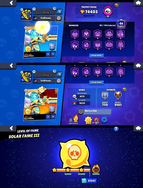 🏆𝟳𝟰𝐊🏆【MASTER🎫𝟰 BP+, 𝟮 PRO PASS+🎫】👤1O1/1O4👤𝟰𝟭𝟬 SKINS~43k💎❰𝟵𝟬 11-x C HYPER❱📹VIDEO REVIEW📹, trophies 74000, brawlers 101, primes 44