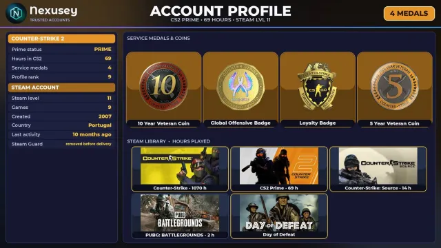 🚀 【CS2 PRIME】 ✨ +4 RARE MEDALS: 10 YEARS · GO · LOYALTY ✨ 2007 | +3 GAMES | FULL ACCESS #4CIW0D, Sale, Inventory empty, PRIME available