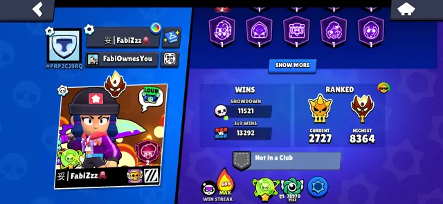 FULL ACC 100k RARE SKINS UNIQUE ACC RARE PINS AND SPRAY + spike 0 trophies 649 win streak, trophies 100000, brawlers 104, primes 28
