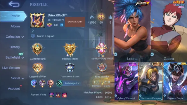 MAX HERO & MAX EMBLEM • KOF KARINA / COLLECTOR NATALIA / GAARA VALE / CYBORG ROGER / BADANG SAIYA, Sale, Rank: Legend, Level: 131, Winrate: 49%, Heroes: 133, Skins: 217