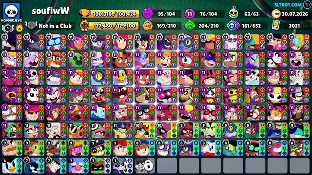 👑100K🏆🤖104/104⚡76 Maxed (Lvl 11)🥇2nd Master💎64 Primes🎮Battle Pass+📌, trophies 100310, brawlers 104, primes 64