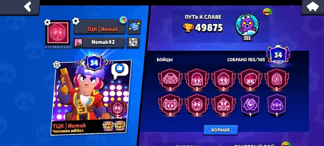 Brawl Stars account, leveled up, 49875 trophies, 103 brawlers, 34 primes