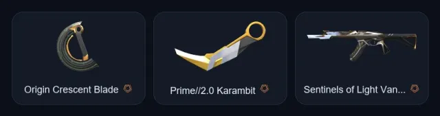 【 Origin Crescent Blade / Prime//2.0 Karambit 】【 Sentinels of Light / Prime Vandal 】【 Ion Phantom 】, Sale, Silver 3, Agents: 21, Skins: 17