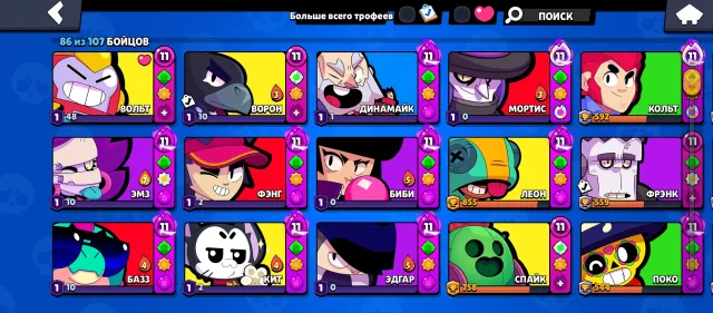 Account from 2021, 33425 trophies, 86 brawlers, 10 primes