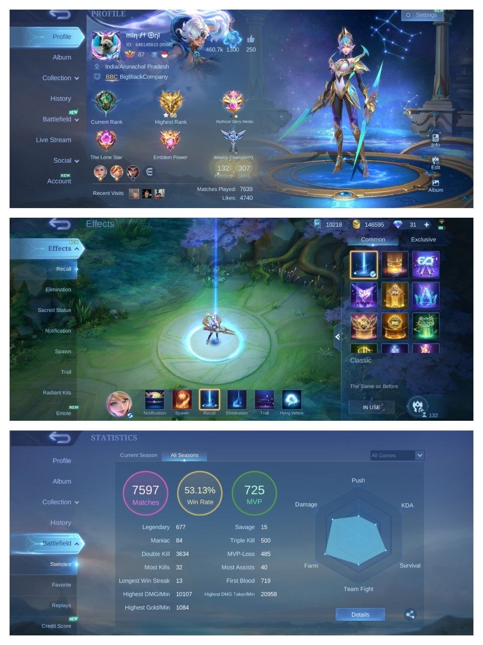 KOF Gusion Aurora Guinevere Karina allstar moskov 11.11 Gusion LUCKY Marti's⚡pharsha⚡MC 143, Sale, Rank: Mythic, Level: 87, Winrate: 53%, Heroes: 132, Skins: 307