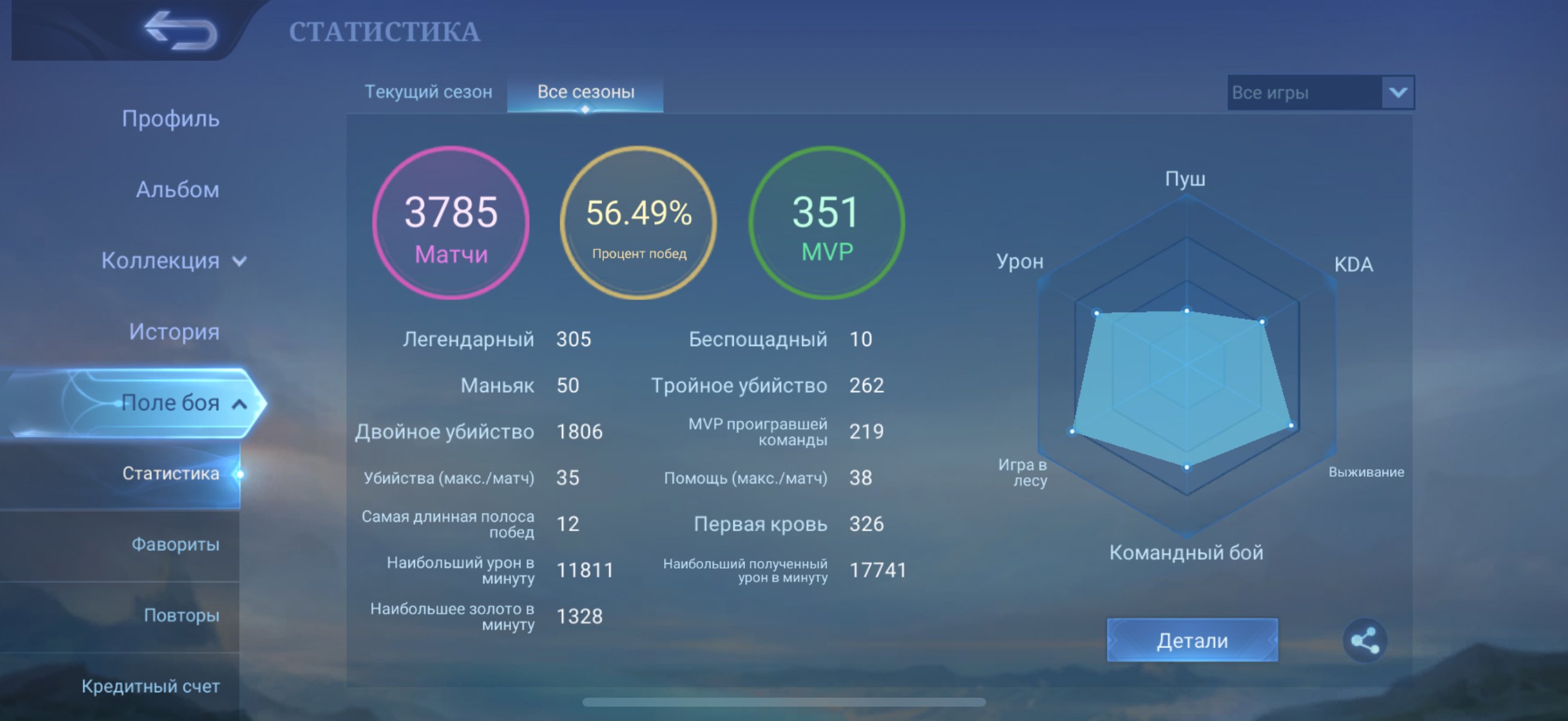 Personal account, epic, 205 looks, Sale, Rank: Epic, Level: 56, Winrate: 56%, Heroes: 107, Skins: 205