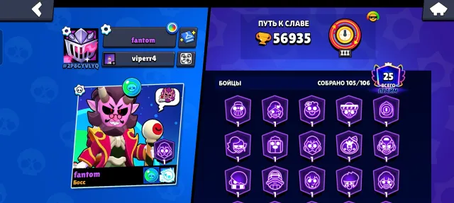 Good old account, several times battle pass purchased, 56935 trophies, 105 brawlers, 25 primes