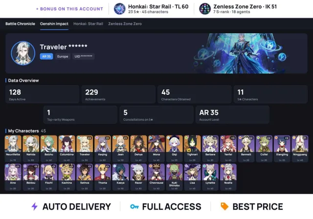 (ALL DEVICES · Europe) 💫 AR 35 💫 11 five-stars 💫 Neuvilet + Nahida + Bai Zhu + Columbina, Any platform, Email linked, Any, Levelled up, AR 35