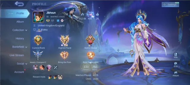 MAX HERO & MAX EMBLEM • LEGEND FRANCO / HxH HARITH / KOF CHOU / DUCATI BENEDETTA / NEXUS NOLAN, Sale, Rank: Legend, Level: 51, Winrate: 58%, Heroes: 133, Skins: 262