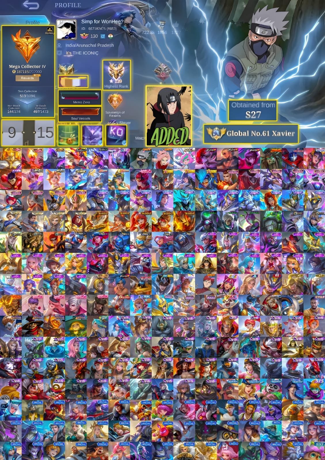 Mega collector 4 Xavier global tag., Sale, Rank: Legend, Level: 130, Winrate: 50%, Heroes: 133, Skins: 513