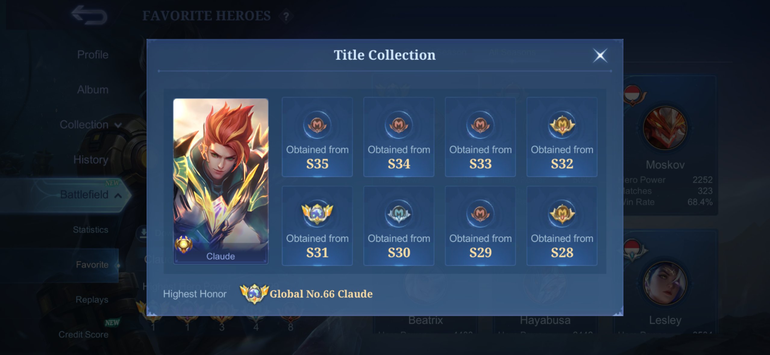 GLOBAL CLAUDE ITACHI MASHA KOF LING COLLECTOR YIN AOT FREYA LEGEND ALUCARD LEGEND, Sale, Rank: Mythical Immortal, Level: 109, Winrate: 60%, Heroes: 132, Skins: 459