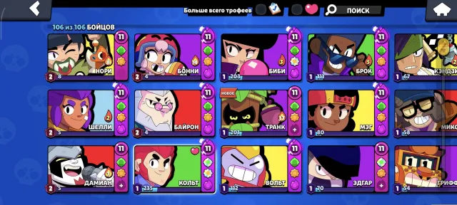 Account from 2019, 101650 trophies, 106 brawlers, 67 primes