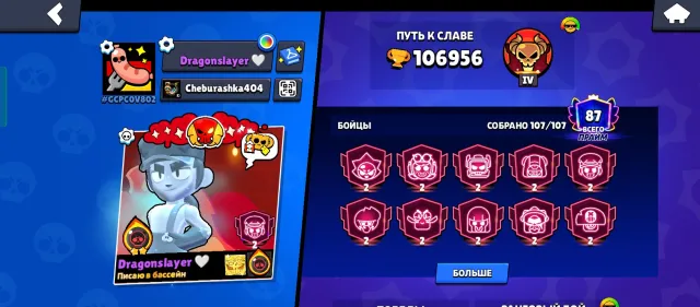Account 23 years old, 106956 trophies, 107 brawlers, 87 primes