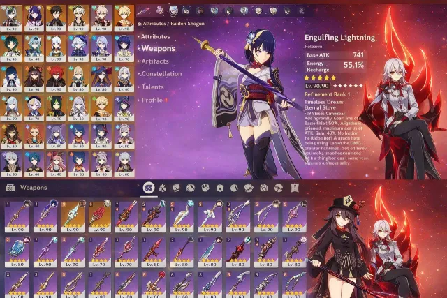 21 5star | raiden shogun C3 | kazuha | furina C1 | hutao | eula | arlecchino | yelan | ayaka..., Любая платформа, Почта привязана, Любой, Прокачанный, AR 60
