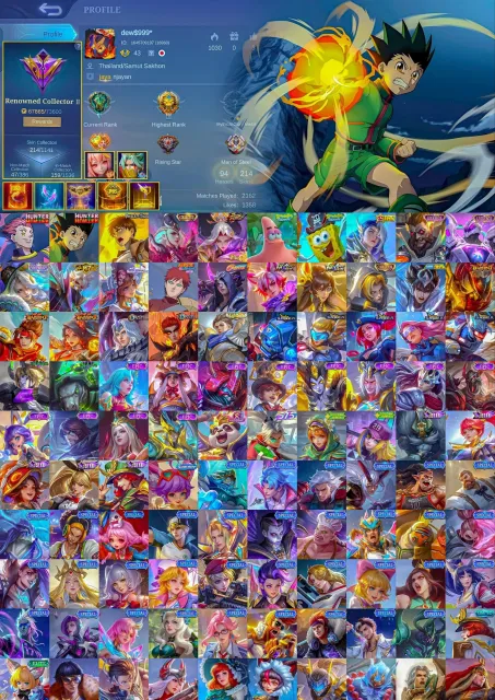 🔥 Collector Leslie, Vessel Hanabi, Hunter Darius Cecillion, AOT Yin, Patrick, SpongeBob, Sale, Rank: Legend, Level: 43, Win Rate: 49%, Heroes: 96, Skins: 215