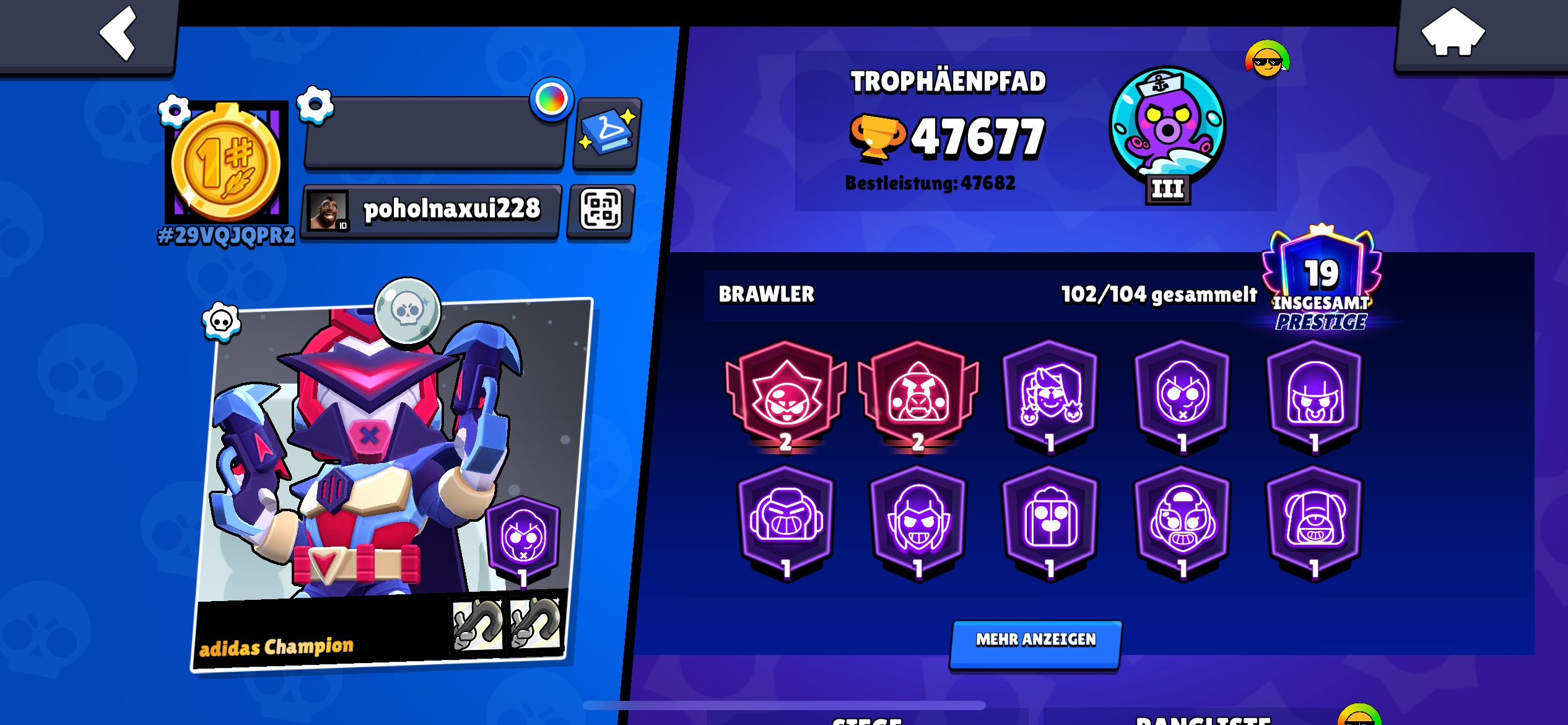 🏆47677🏆OLD CROW FUR🥷2 SECOND PRIME🔫, trophies 47677, brawlers 102, primes 19