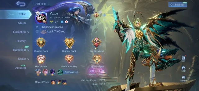 Prime Granger⚡Fluffy Floryn🌸Gara Vale✨M7 Granger🌟Epic Rafaela💎Lunox🔷Valir💫Chang’e🌙Emblem Almost Max, Продажа, Ранг: Легенда, Уровень: 37, Процент побед: 53%, Герои: 80, Облики: 110