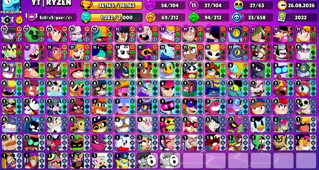 🍀104 BRAWLERS; 1 BP-TITLE🎫; 36k🏆✅|27-11 POWER; ALM 2|✅|GODZILLA; MULTI-SPIKE; MECHA🍀~🍃FULL ACCESS🍃, 36165 trophies, 104 brawlers, 12 primes