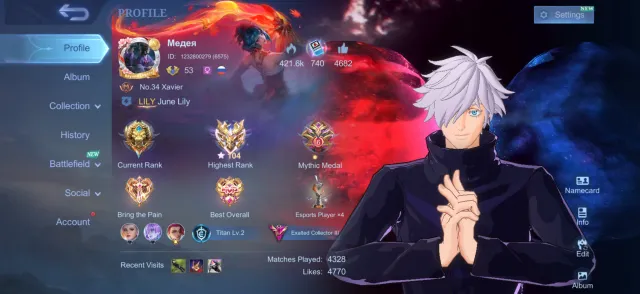 personal account Mobile Legends | 339 skins | Max. Rank 104★ | Satoru Gojo | KOF Chou | Aspirant Leslie, Sale, Rank: Mythical Immortal, Level: 53, Win rate: 54%, Heroes: 126, Skins: 339