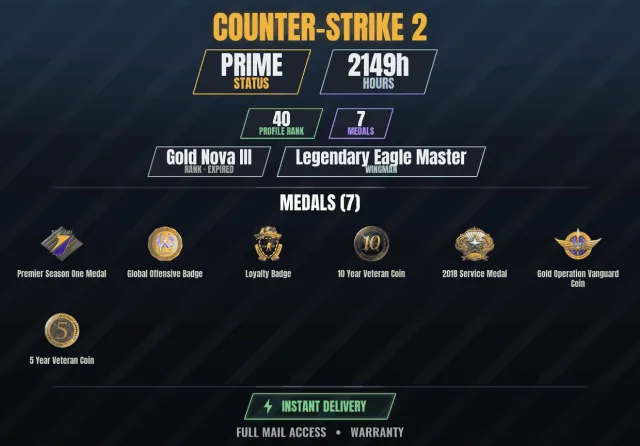 CS2 Prime🎯1300h👑7 medals Gold coin of the Vanguard operation, 10-year veteran coin, 2018 Service, Sale, With inventory, Has PRIME