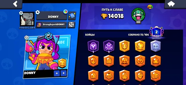 2 primes 14000 trophies 73 brawlers and many skins for brawlers, 15500 trophies, 73 brawlers, 2 primes