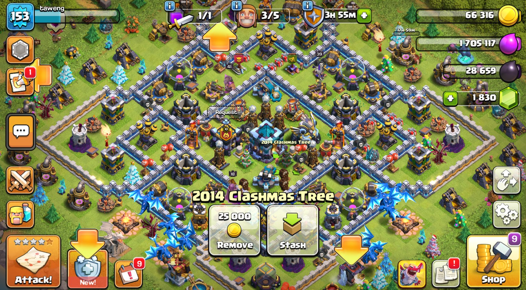 🎄🎇🎁Old TH13 with rare Christmas Xmas trees from 2014 and 2015, 2015 Cauldrons and Dragon Statue🎁🎇🎄, 13 TH Main Village