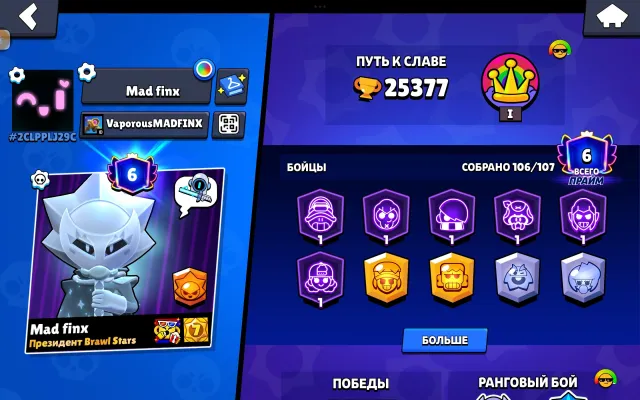 ⚡АВТОВИДАЧА⚡|👤106/107 БРАВЛЕРА👤|💎𝟐𝟐 - 11 СИЛ💎|💛𝟏𝟑 ЛЕГ💛|⭐6 ПРАЙМА⭐|🫧61 ГИПЕРА🫧|❄️41 БАФФИ❄️|🏆25К🏆, 25377 кубків, 106 бравлерів, 6 праймів