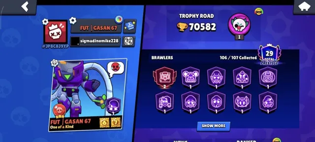 📧 GMAIL 🏆 70.5K 👤 106/107 👻 299 SKINS 🤖 MECHA EDGAR UNIT-01 ⚔️ 2024 YEAR ⭐️ DESCRIPTION ✅, 70582 trophies, 106 brawlers, 29 primes