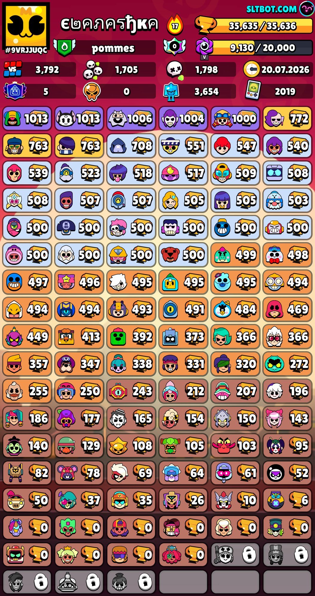 A good, long-standing account from 2019., trophies 35635, brawlers 100, primes 5