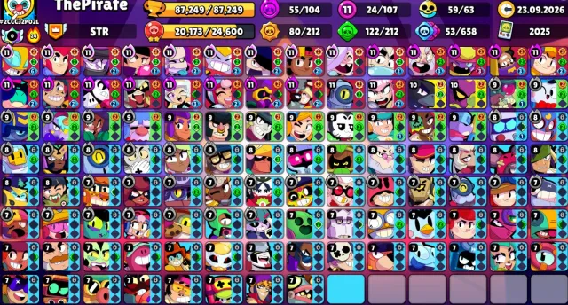 👑87К✨107/107🔥24 11 СИЛ🏆ЛЕГЕНДАРНАЯ ЛИГА Х2✏️КОСМО💥ВСЕ ПЕРСЫ 7+ СИЛЫ👑14 ЛЕГ СКИНОВ💸5 БП+🤖АВТОВЫДАЧА, 87249 кубков, 107 бравлеров, 57 праймов