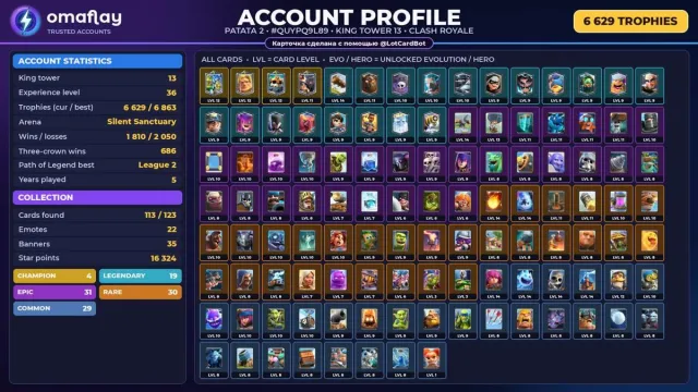 ⚡ CLASH ROYALE ⚡ 0 EVO • 4 CHAMP. • 22 EMOJIS • 6,629 🏆 • KING 13 #3DC6LN, Arena 18, Level 36, 6629 trophies, 113 cards, 19 leg, No