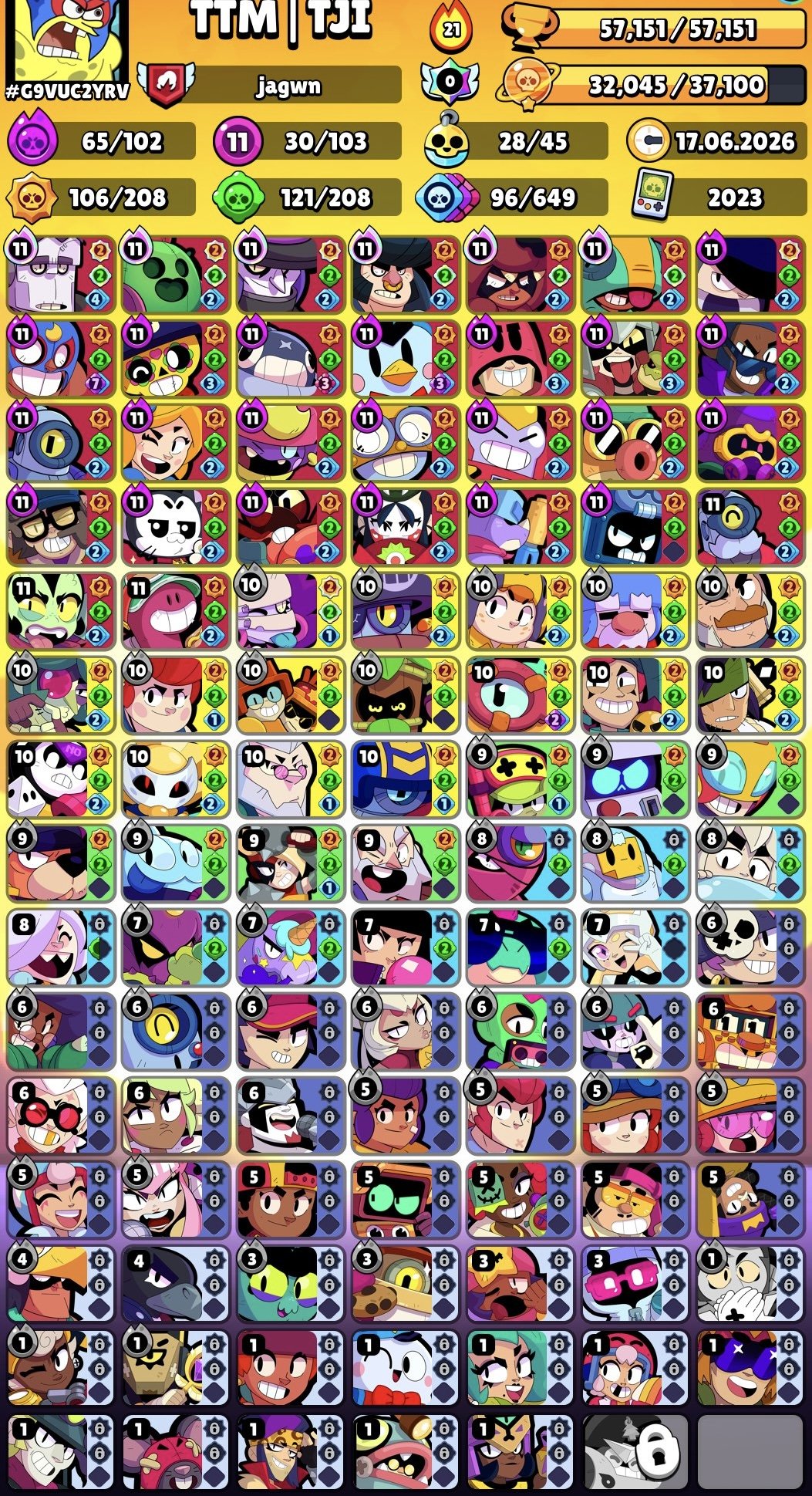 🍓🌈 AUTO DISCHARGE🔴57000🏆103/103🔴30-11 STR🔥14 MYTHIC SKINS💸8 LEG🟡7 HYPER🔴EL SPONGE✅SATURN GLORY🔴, trophies 57000, brawlers 103, primes 32