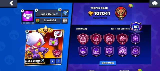 2019 account with three-time master 2024, 107041 trophies, 105 brawlers, 101 primes