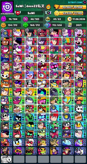 ⚡ 42 11 power with hyper charges ⚡ and 6 11 power without hyper charges💎 326 skins 💎 85000 blings👑, 95000 trophies, 105 brawlers, 67 primes