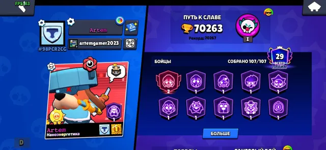 70k trophies • 12 Legendary / 22 Mythic skins • 2019 • Bonus: Clash Royale 9000 trophies, 70263 trophies, 107 brawlers, 29 primes