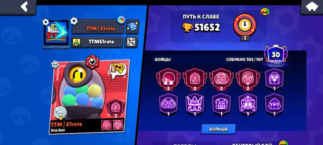 Selling account, used to play a lot for myself, now lost interest, 51625 trophies, 105 brawlers, 30 primes