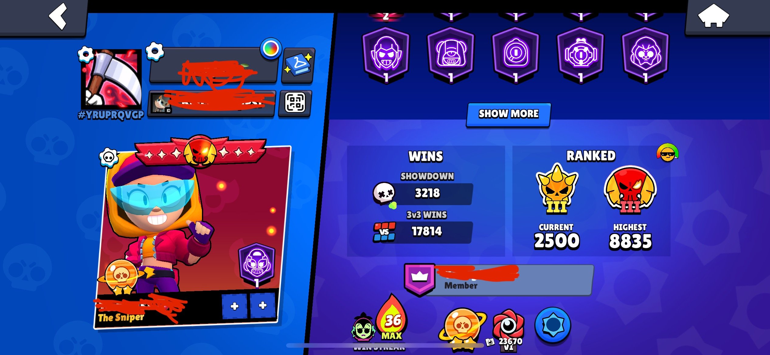 FAT ACC UNDER THE BASE//74 11 FORCE, trophies 82000, brawlers 103, primes 63