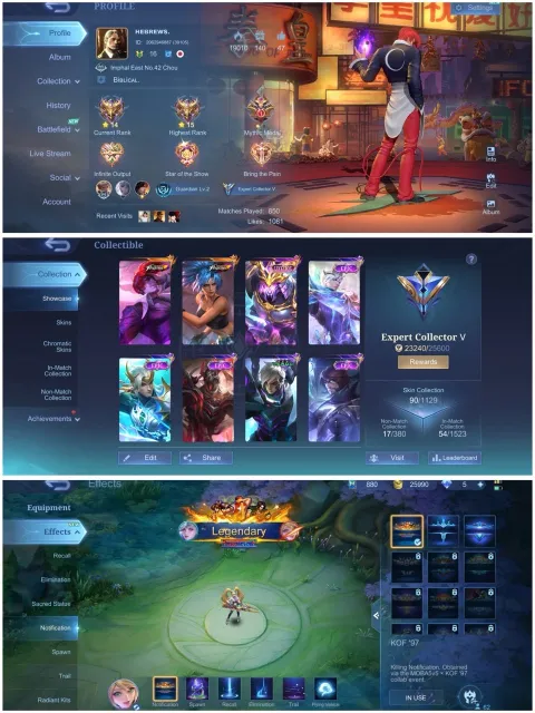 KOF Chou Karina, Luckybox Saber, Small Account, Global 🔥, Sale, Rank: Mythic, Level: 46, Winrate: 50%, Heroes: 40, Skins: 90