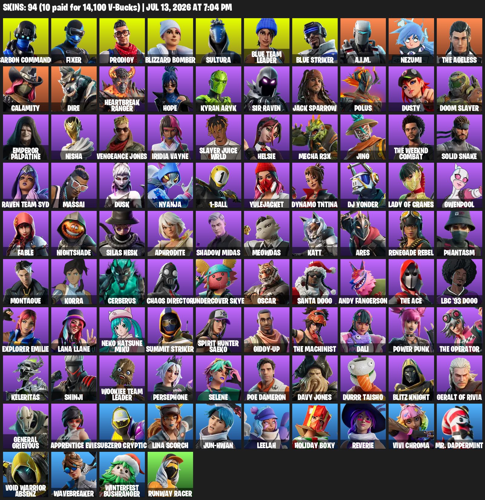Auto Delivery ✅ Orange Justice, Square Up ✅ Reckoning ✅ 94 Skin + 109 Pickaxes ✅ 1137 LVL, Sale, skins 94