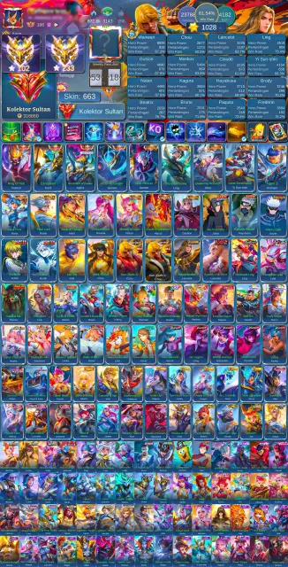 🔥World🔥Legends Skins, Collector, Hiro, Kung Fu, Aspy, Ekzo, Kishin, Naruto,Street,JJK,Hunter,Metro🔥, Sale, Rank: Mythical Immortal, Level: 196, Winrate: 61%, Heroes: 133, Skins: 663