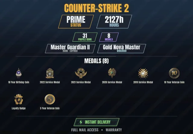 【CS2 Prime🏆2100h🎮8 medals】 10 Year Anniversary Coin, 10 Year Veteran Coin, 2019 Service Medal, Sale, With Inventory, Has PRIME