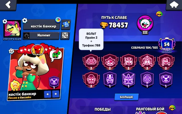 24-year-old account with tons of exclusive skins, trophies 78457, brawlers 104, primes 54